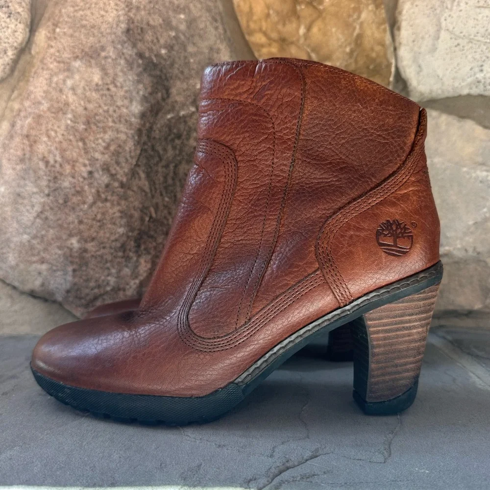 Timberland Womens Stratham Ankle Boots Block Heel Brown Leather Lug Sole